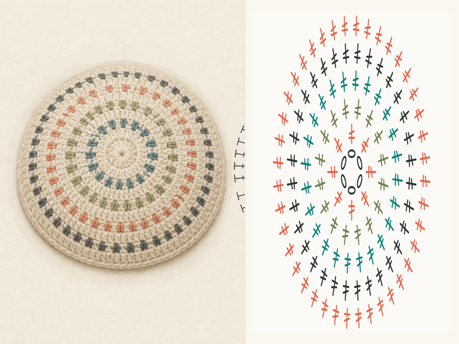 Top-down Crochet Beanie Crown finished sample paired with its editable crochet chart