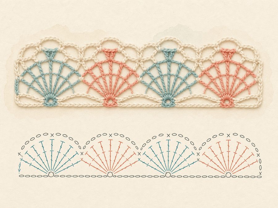 Fan Lace Panel finished sample paired with its editable crochet chart