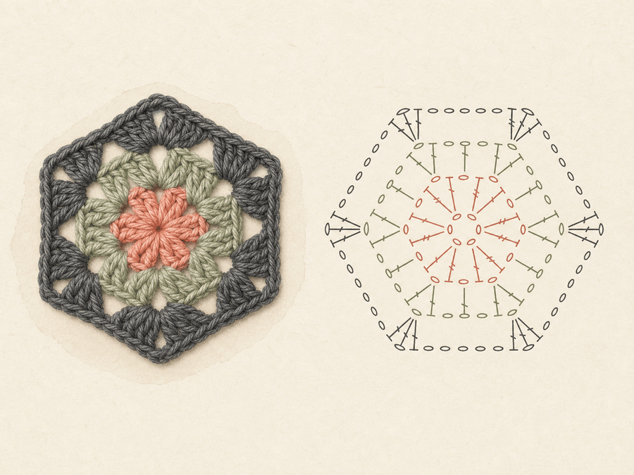 Crochet Hexagon Motif finished sample paired with its editable crochet chart