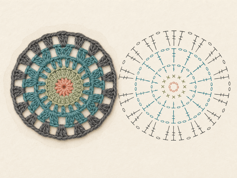 Layered Crochet Mandala finished sample paired with its editable crochet chart