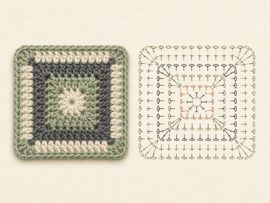 Solid Crochet Square finished sample paired with its editable crochet chart