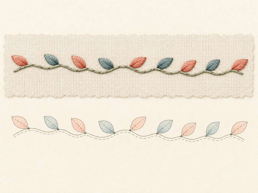 Flowing Botanical Border finished sample paired with its editable embroidery chart
