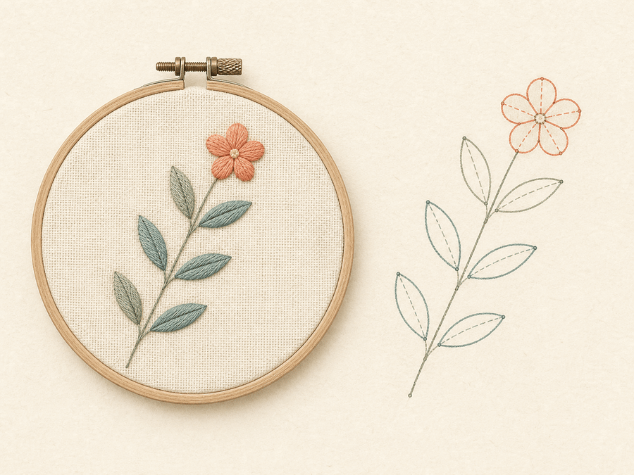 Botanical Sprig finished sample paired with its editable embroidery chart