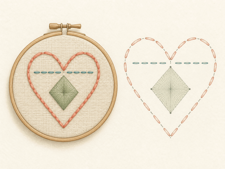 Folk Art Heart finished sample paired with its editable embroidery chart