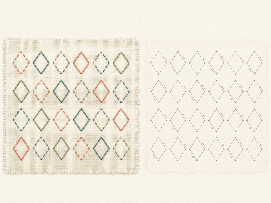Geometric Mini Sampler finished sample paired with its editable embroidery chart