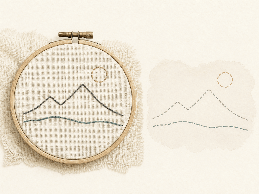 Minimal Mountain Outline finished sample paired with its editable embroidery chart