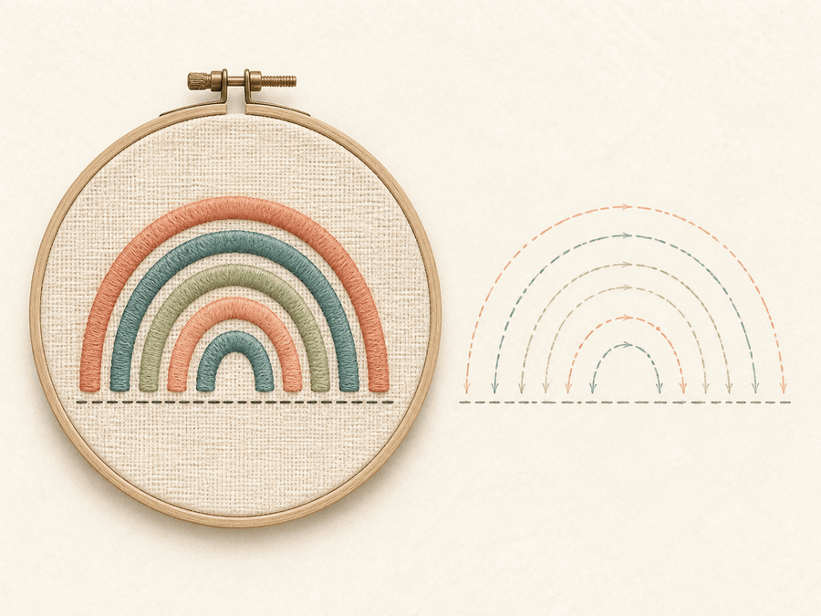 Satin Stitch Rainbow finished sample paired with its editable embroidery chart