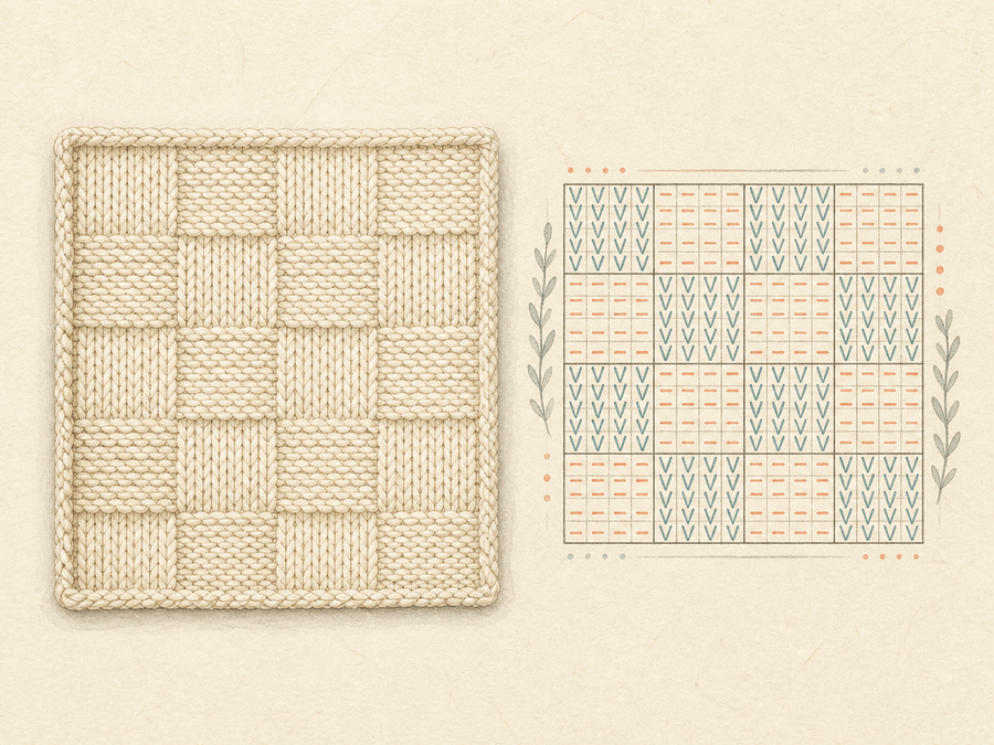 Basketweave Cushion Panel finished sample paired with its editable knitting chart
