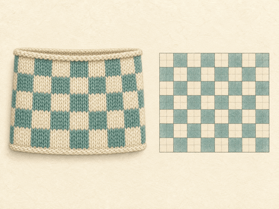 Checkerboard Colorwork Cowl finished sample paired with its editable knitting chart