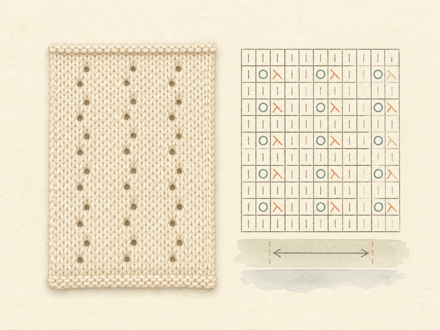 Simple Eyelet Scarf Repeat finished sample paired with its editable knitting chart