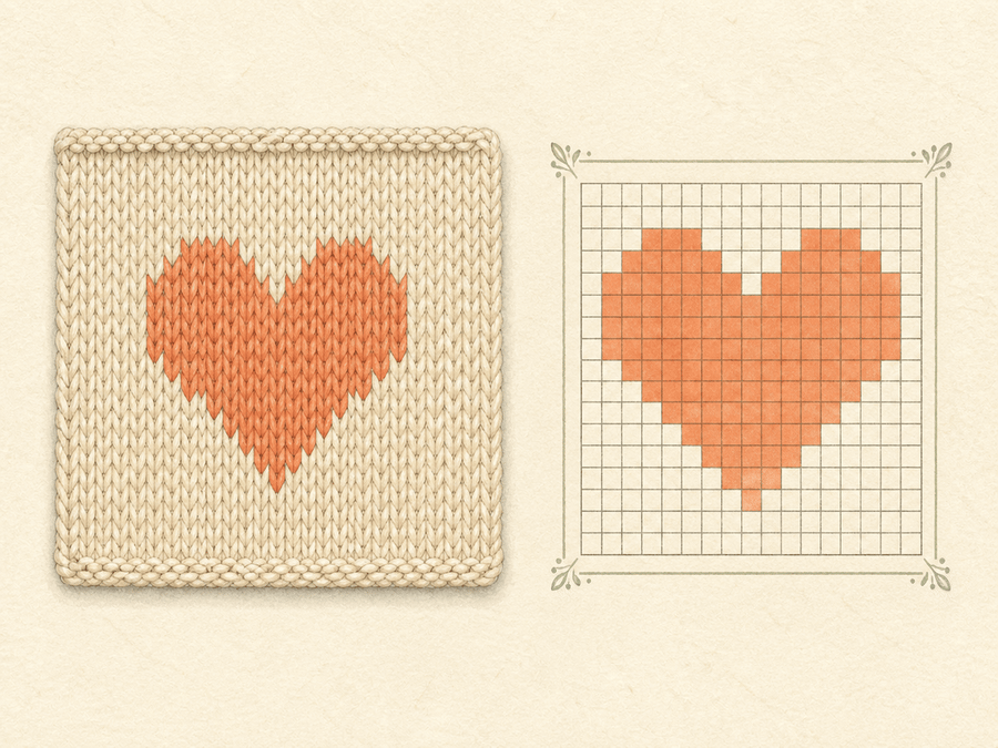 Heart Colorwork Motif finished sample paired with its editable knitting chart
