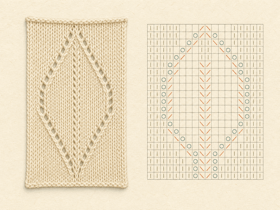 Leaf Lace Panel finished sample paired with its editable knitting chart