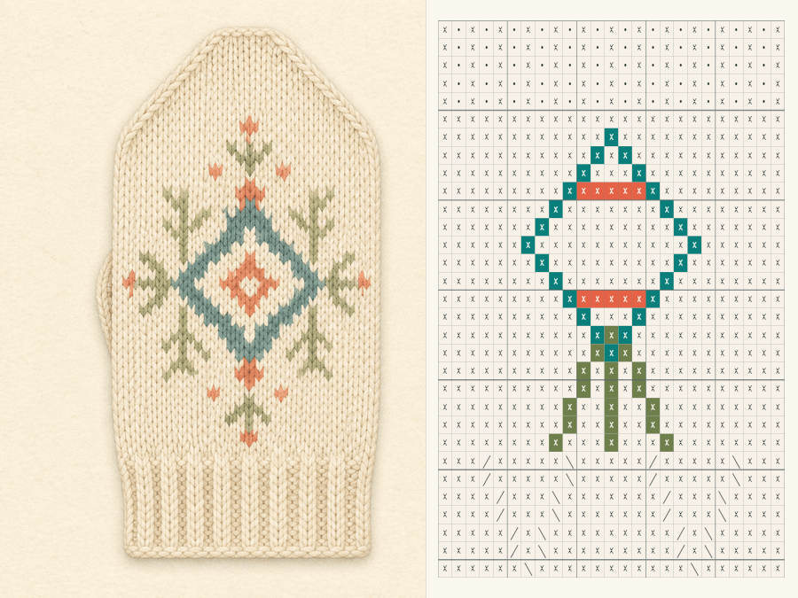 Mitten Back Colorwork Starter finished sample paired with its editable knitting chart