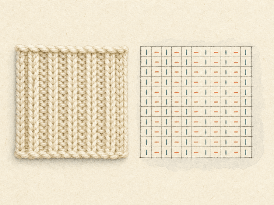 Classic 1 x 1 Rib Scarf finished sample paired with its editable knitting chart