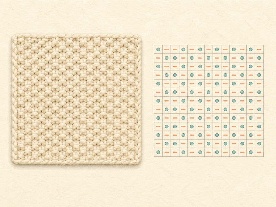 Seed Stitch Dishcloth finished sample paired with its editable knitting chart
