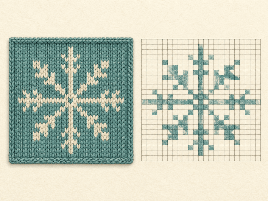 Nordic Snowflake Motif finished sample paired with its editable knitting chart