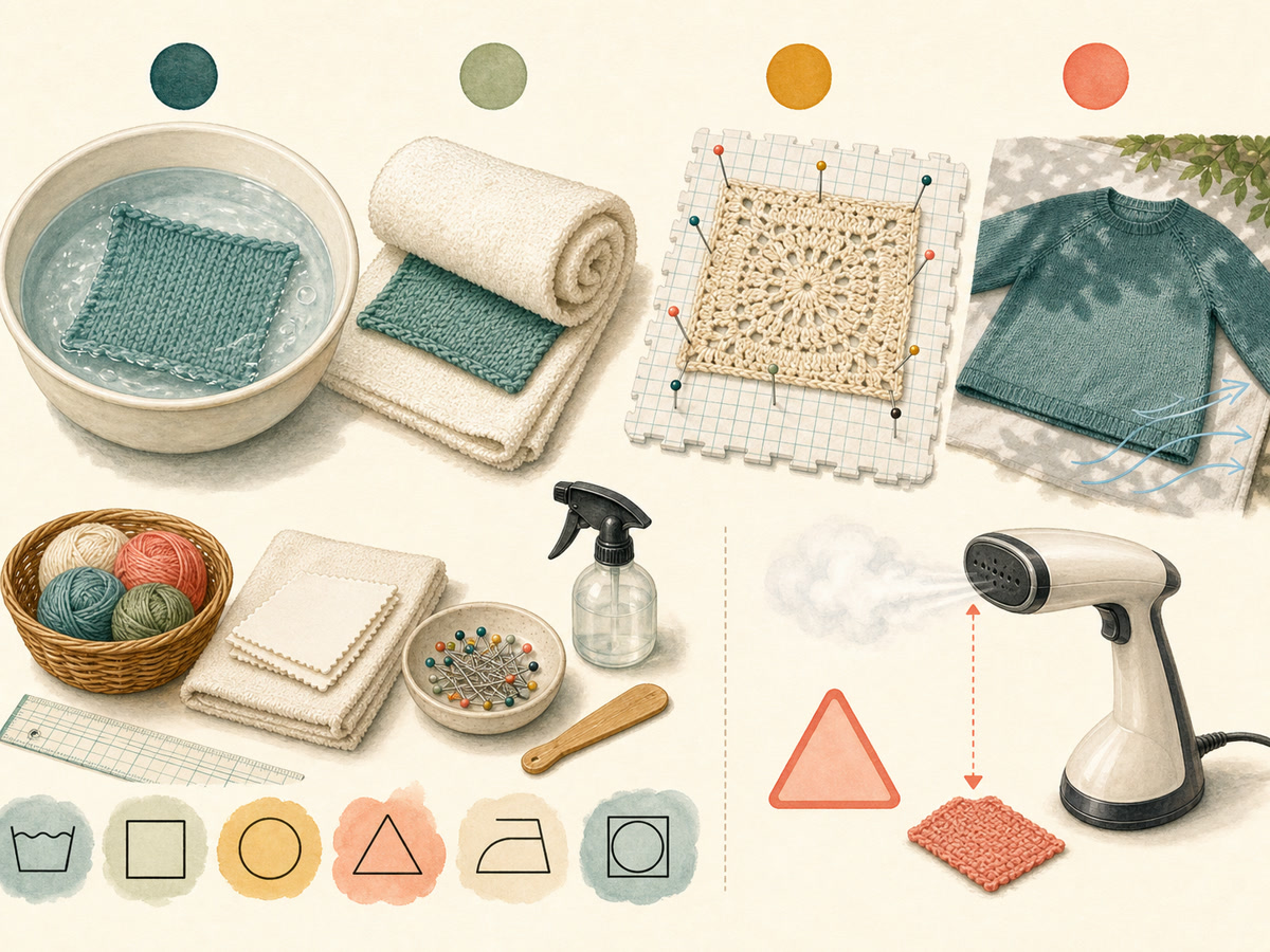 Instructional sequence for soaking, towel blotting, spray blocking, flat drying, and testing steam above a fiber sample