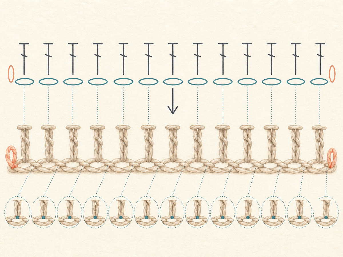 Instructional drawing connecting a directional crochet chart row to the fabric produced by its symbols