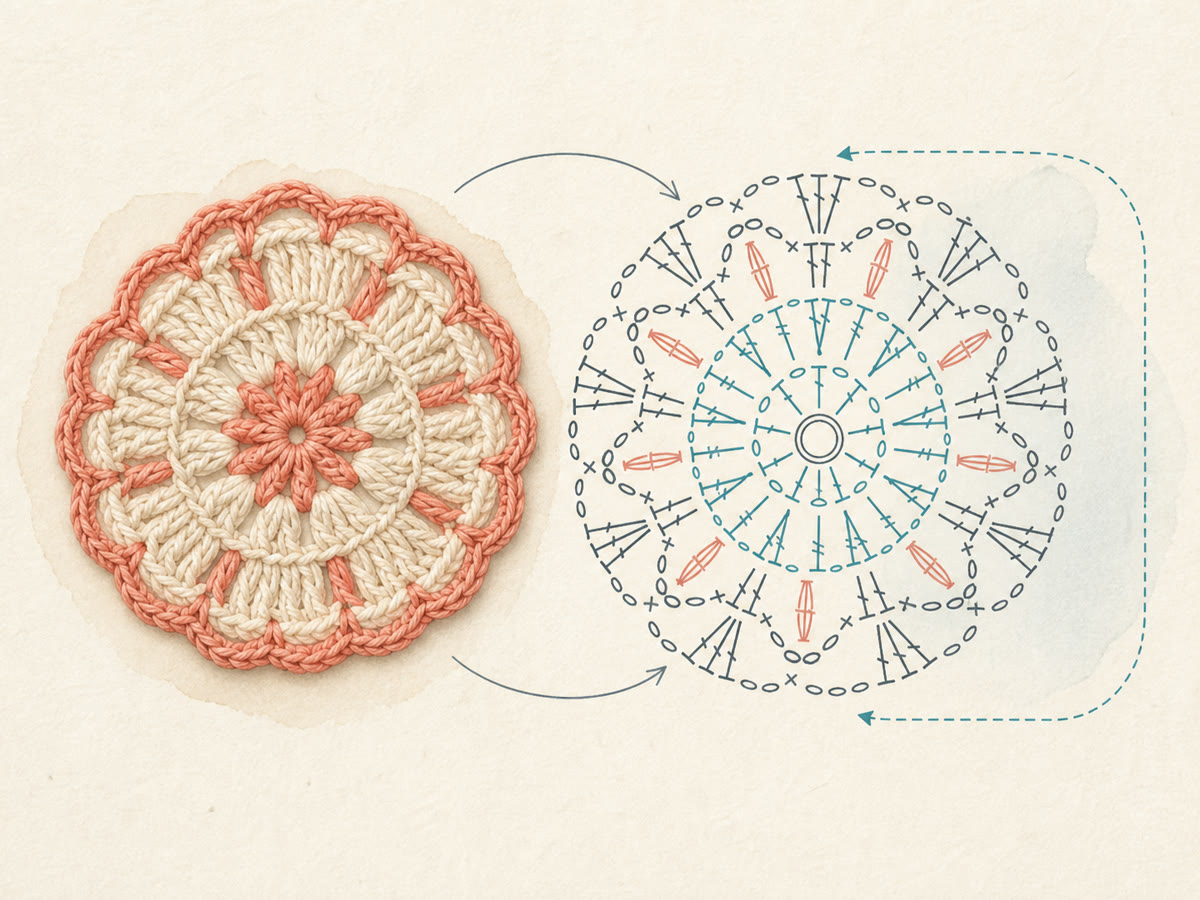 Fine-line drawing of a circular crochet motif beside its matching symbol chart