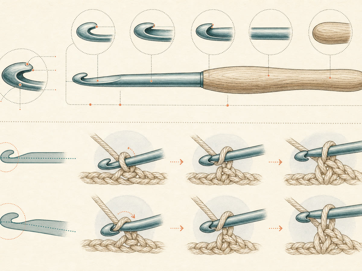 Instructional close-ups showing crochet-hook head, groove, throat, shaft, and yarn capture