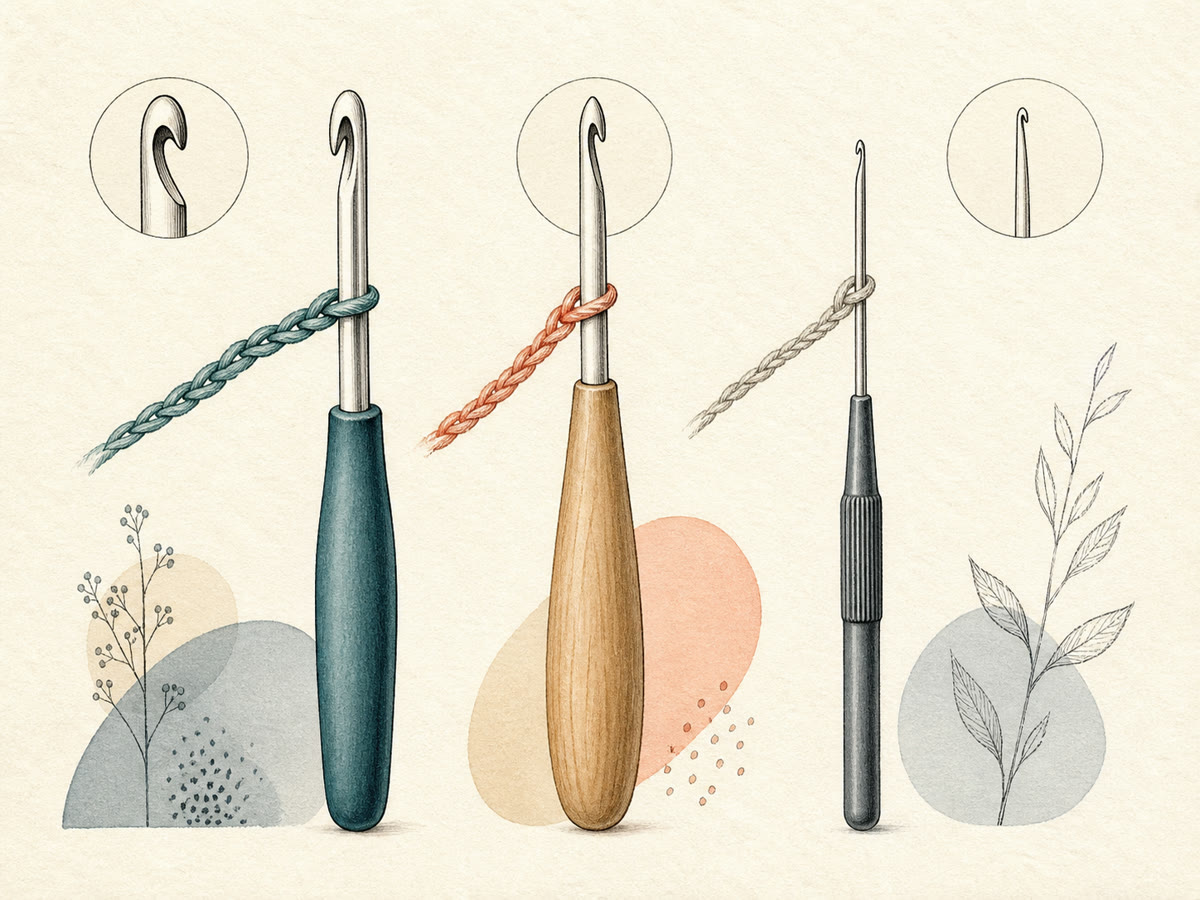 Fine-line drawing comparing inline, tapered, and fine steel crochet-hook profiles