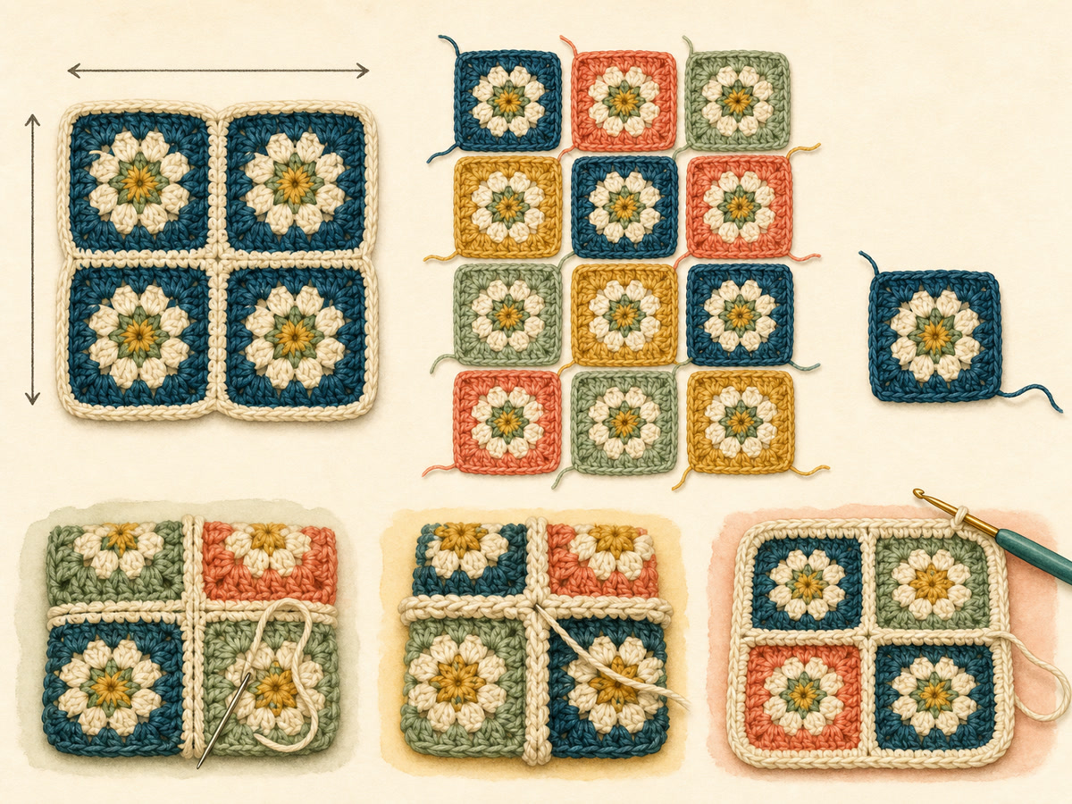 Instructional comparison of a measured motif repeat, colour layout, sewn seam, crochet join, and join-as-you-go method