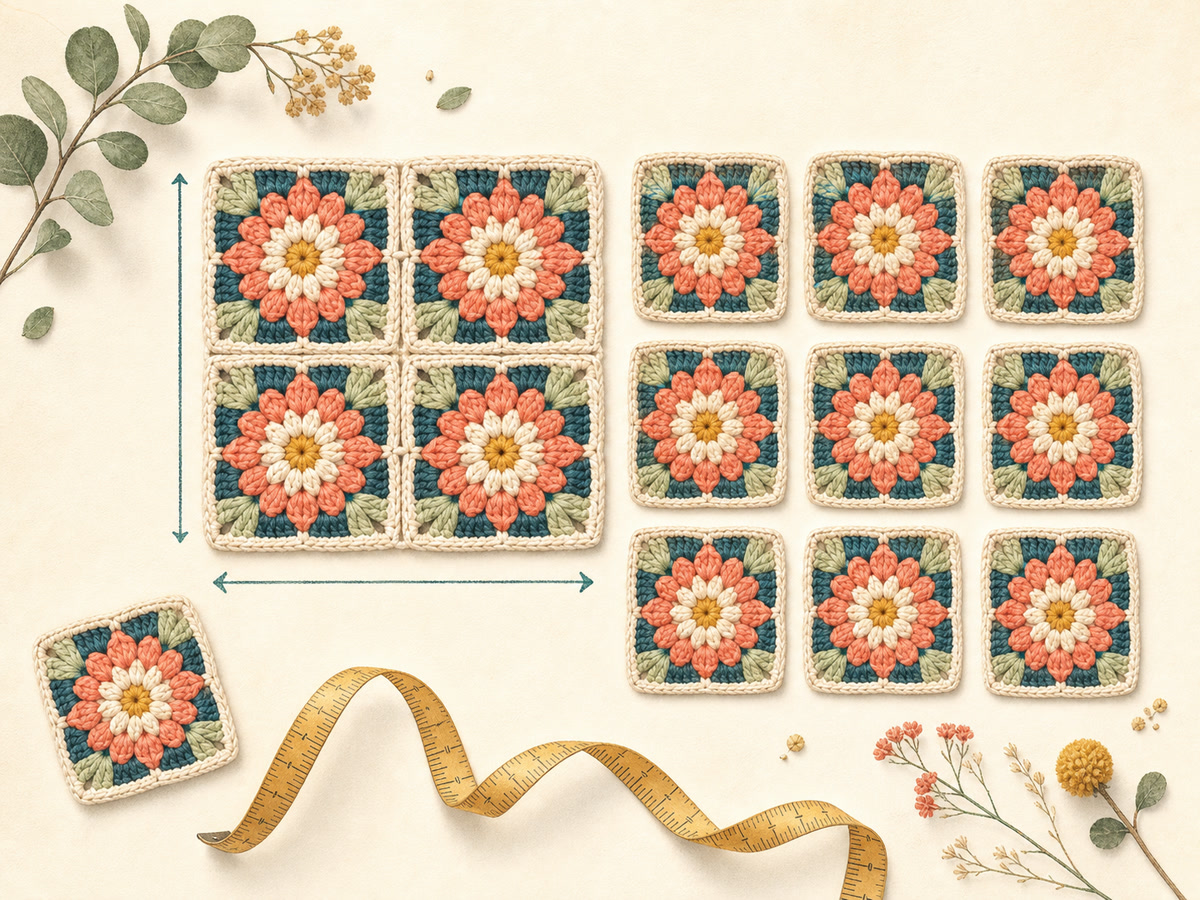Crocheted square motifs shown as a measured joined sample, a planned grid, and one spare motif