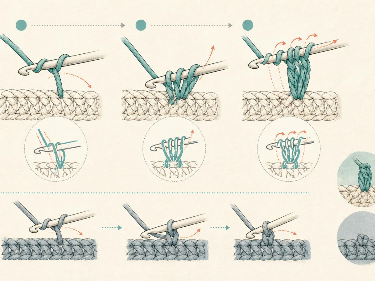 Instructional sequence showing yarn over, hook insertion, and staged draw-throughs for a tall crochet stitch