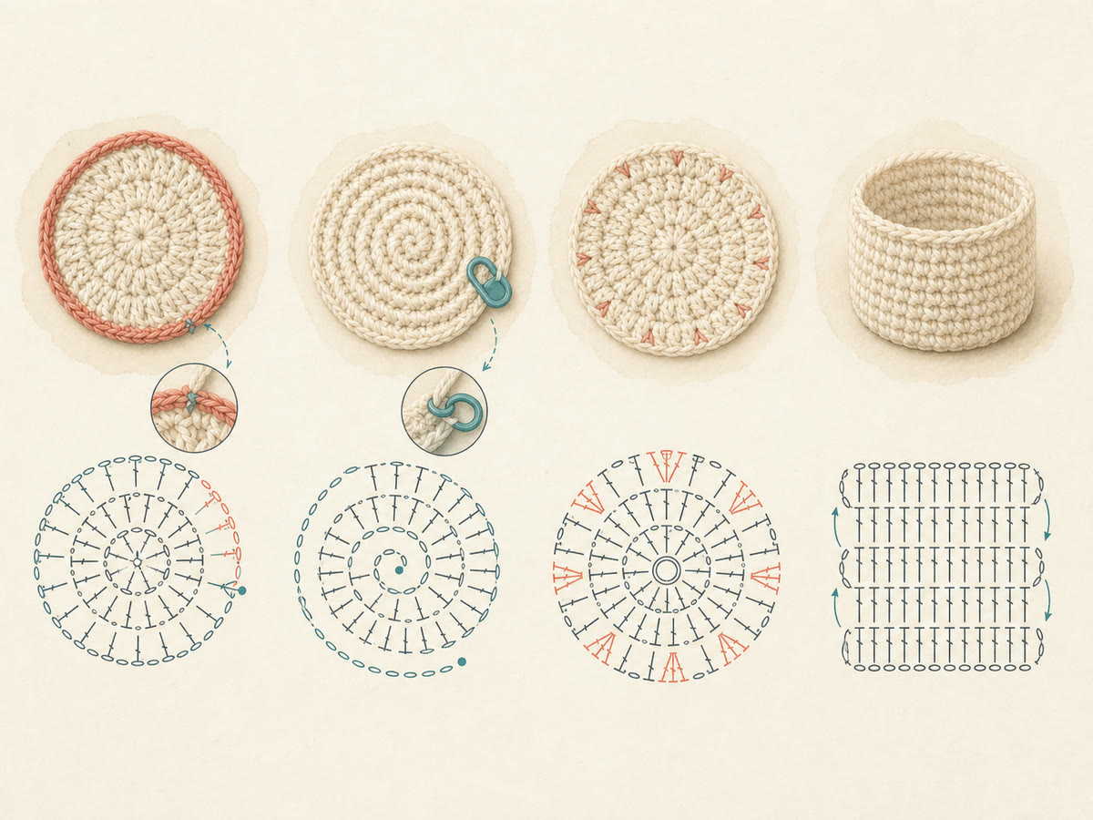 Fine-line crochet circles comparing joined rounds, a spiral, a flat crown, and a tube