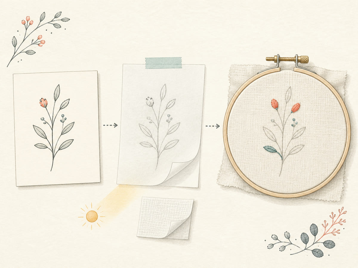 Fine-line embroidery design moving from paper to fabric by tracing and stabilizer methods
