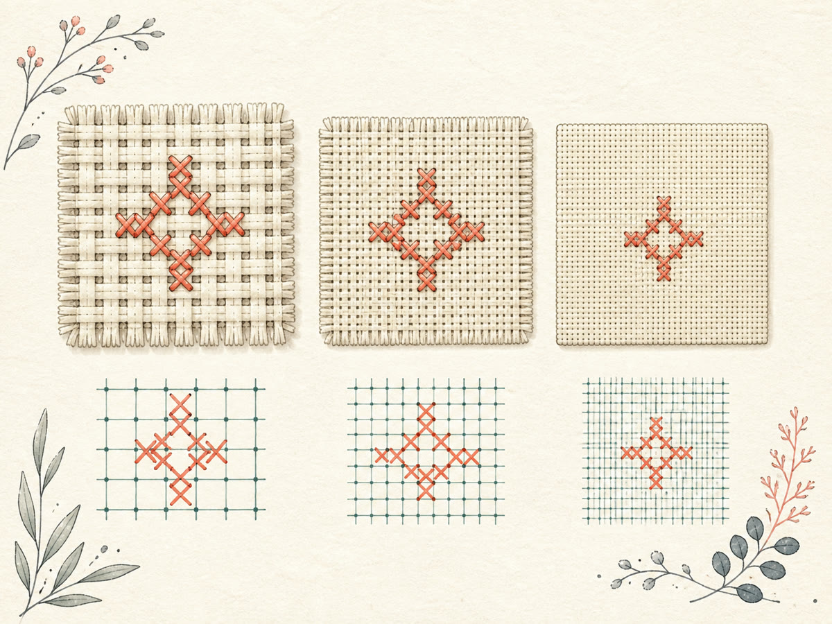 Fine-line drawing of the same cross-stitch motif on coarse, medium, and fine counted fabrics