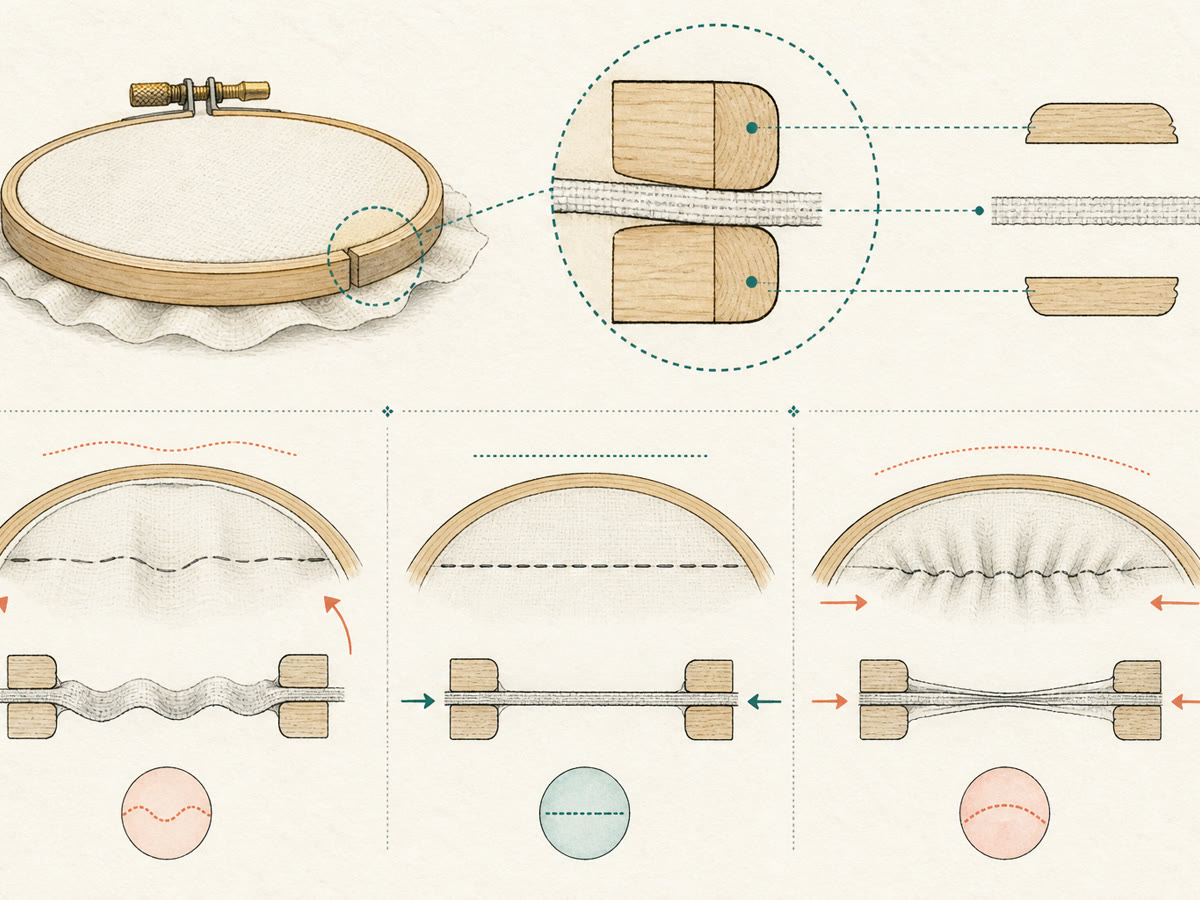 Instructional hoop cross-section and fabric study showing loose waves, balanced support, and puckering
