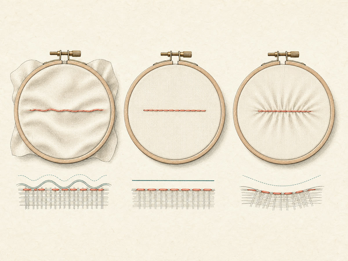 Fine-line drawing comparing loose, balanced, and overtight fabric in embroidery hoops