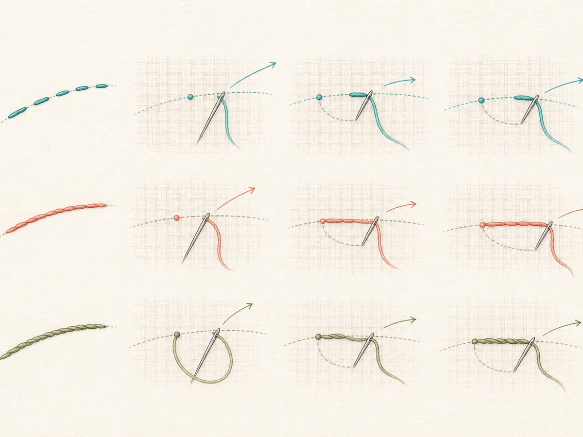 Instructional drawing pairing the surface and underside thread routes of three embroidery line stitches