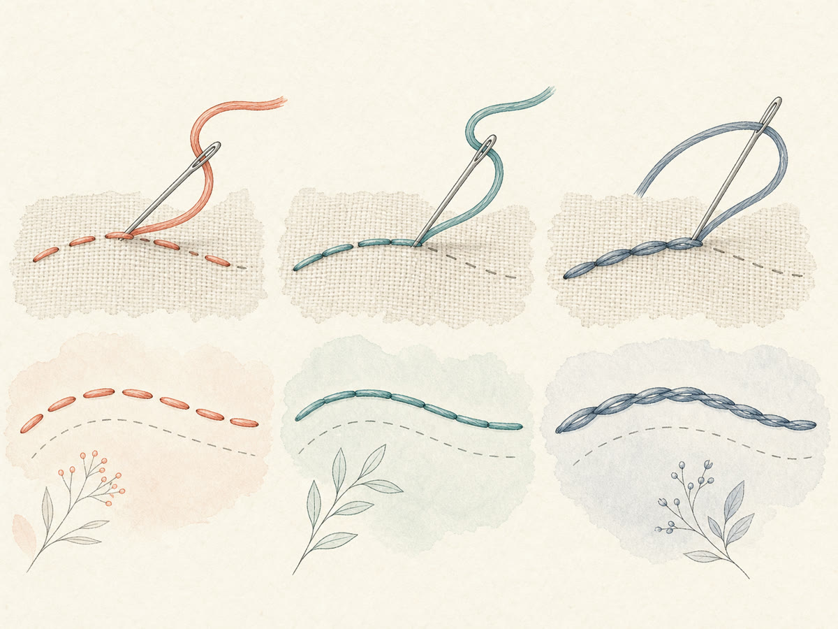Fine-line drawing comparing running, back, and stem stitch along the same curved guide