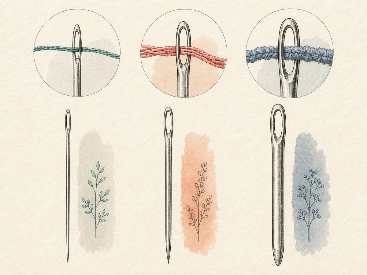 Fine-line drawing comparing crewel, tapestry, and chenille embroidery needles