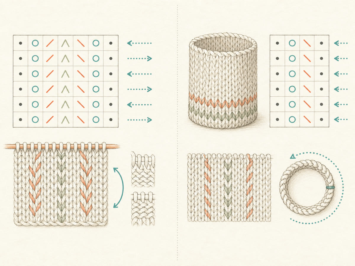 Instructional comparison of flat knitting chart direction and in-the-round chart direction