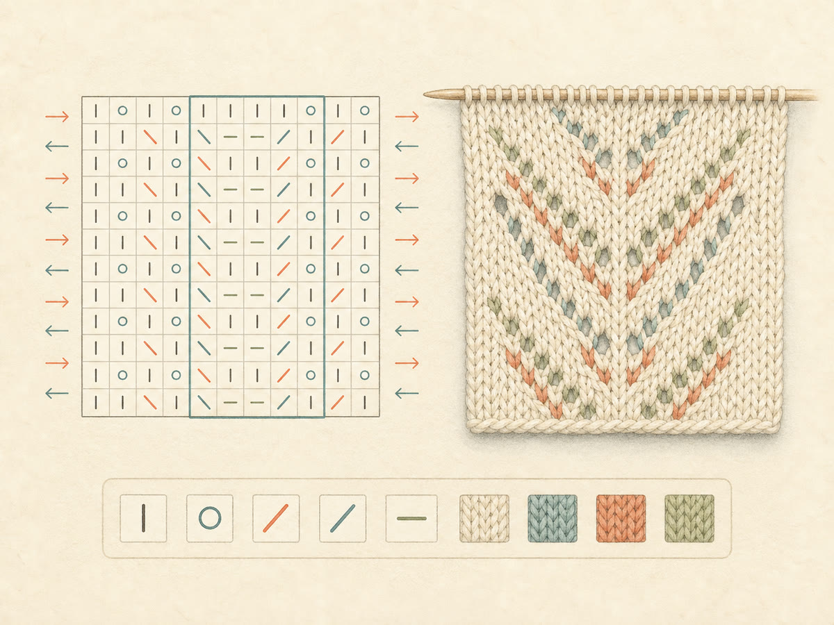 Fine-line knitting chart with row arrows, a symbol key, and a marked repeat