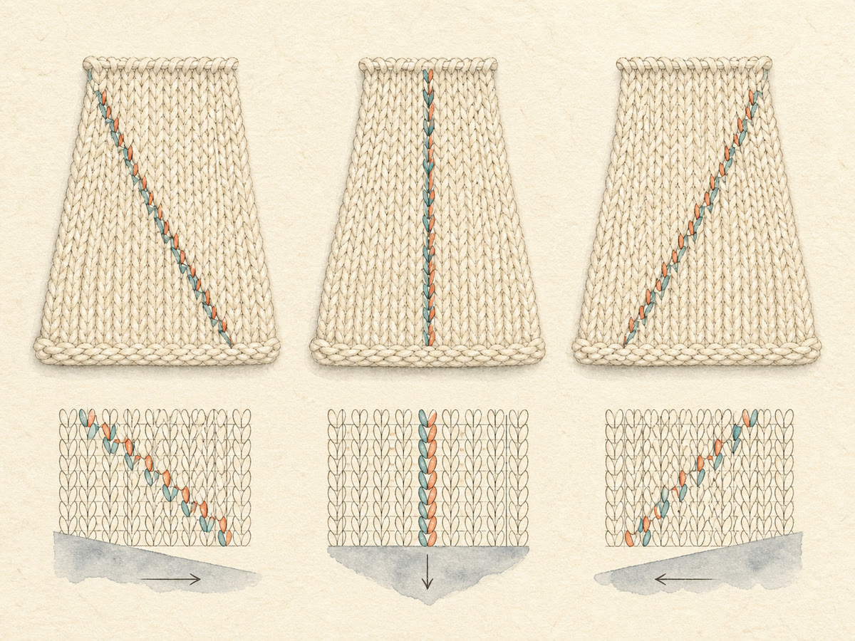 Fine-line drawing of right-leaning, centered, and left-leaning knitted decrease lines