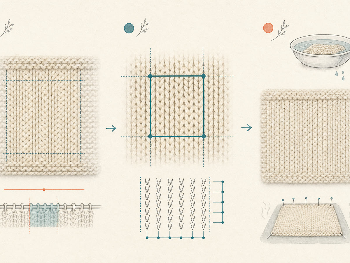 Instructional drawing showing a central gauge measurement before and after a knitted swatch is washed and relaxed