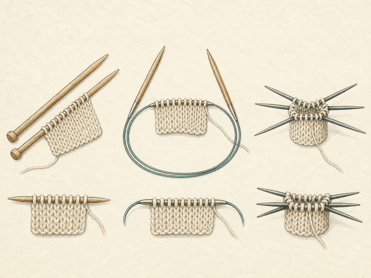 Fine-line drawing comparing straight, circular, and double-pointed knitting needles holding cream swatches