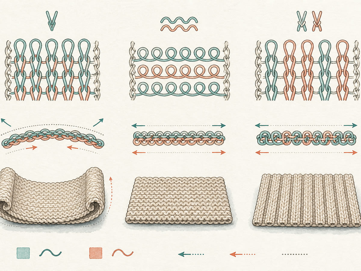 Instructional drawing connecting knit-loop balance to curling stockinette and flatter garter and rib structures