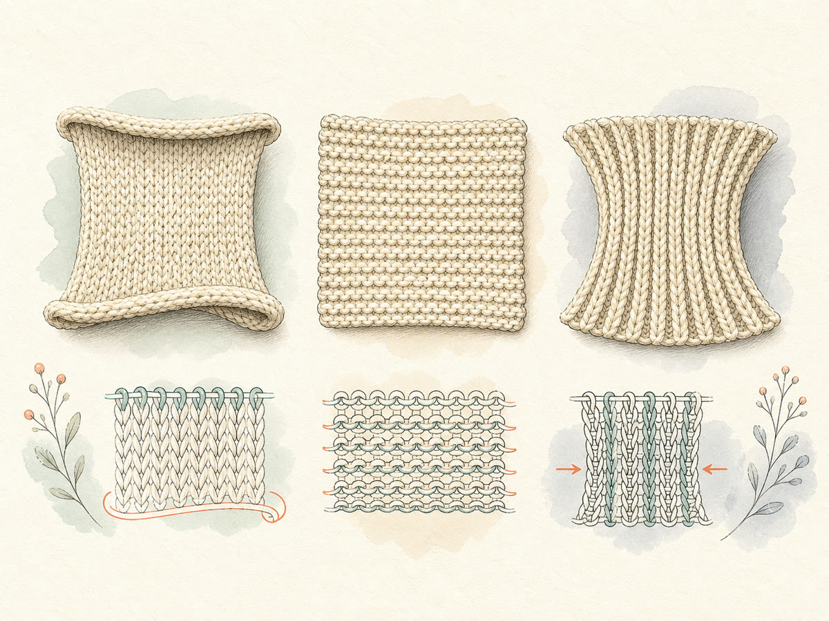 Fine-line drawing comparing curled stockinette, flat garter stitch, and contracted ribbing