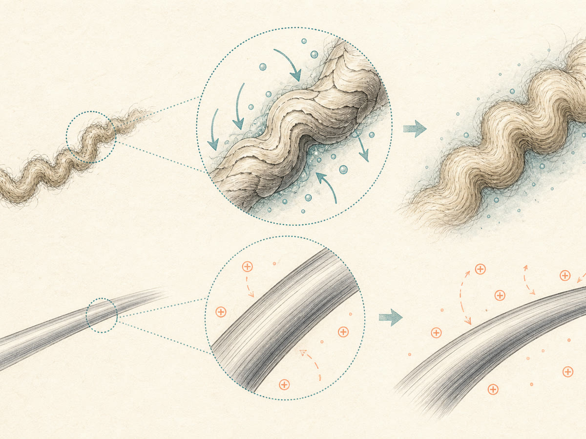 Instructional fibre drawing comparing moisture movement in crimped wool with static on a smooth synthetic strand