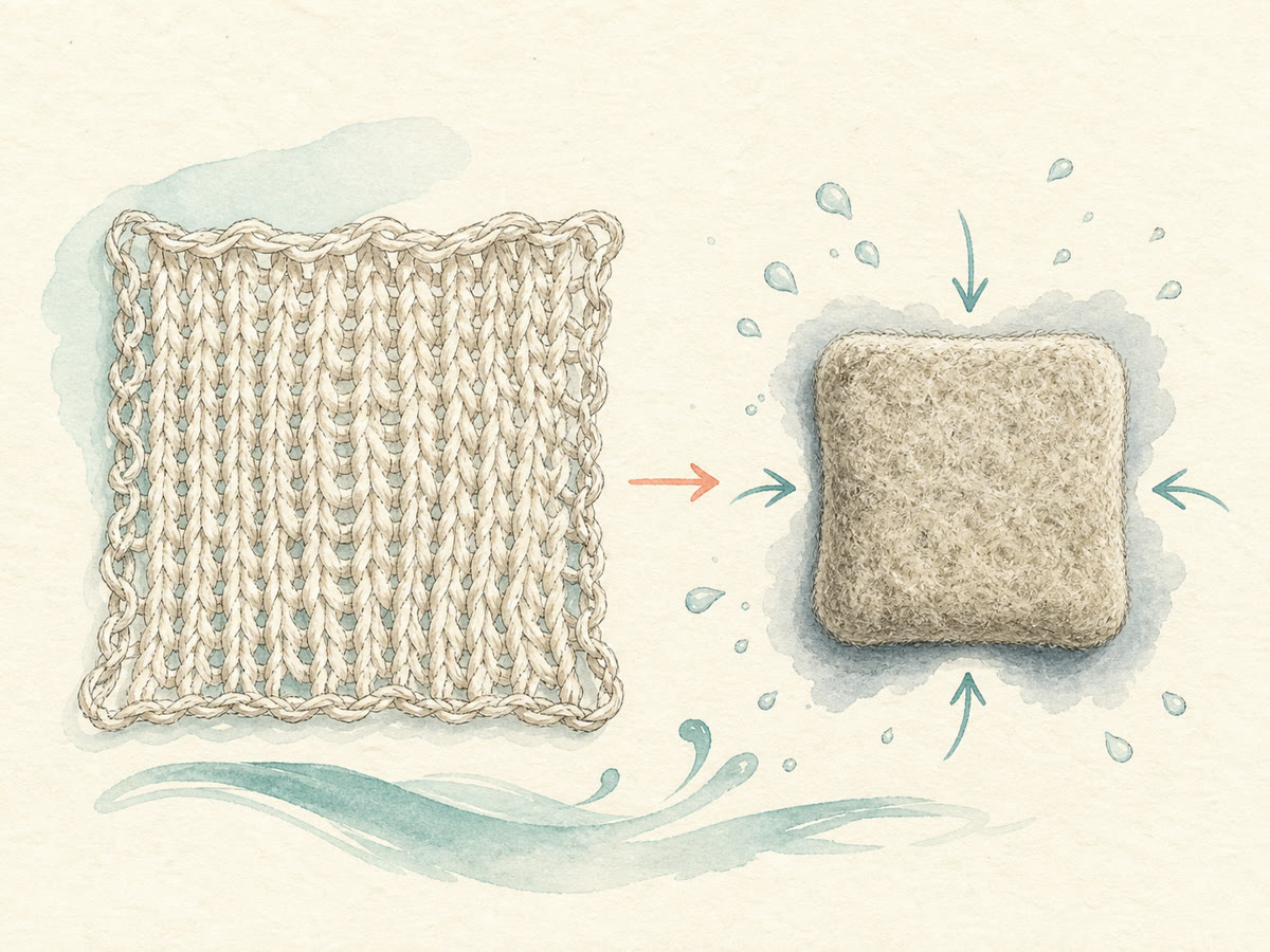 Fine-line before-and-after drawing of an open wool swatch becoming smaller and felted