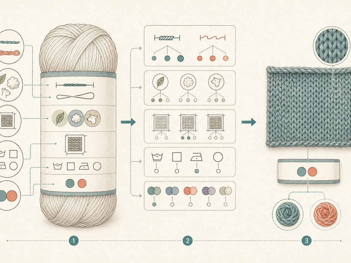 Instructional drawing linking yarn thickness, fibre, gauge, care, and dye-lot pictograms to a project swatch