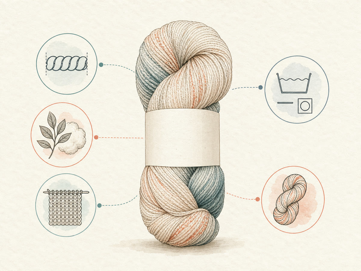 Fine-line drawing of an unbranded yarn skein surrounded by five label pictograms