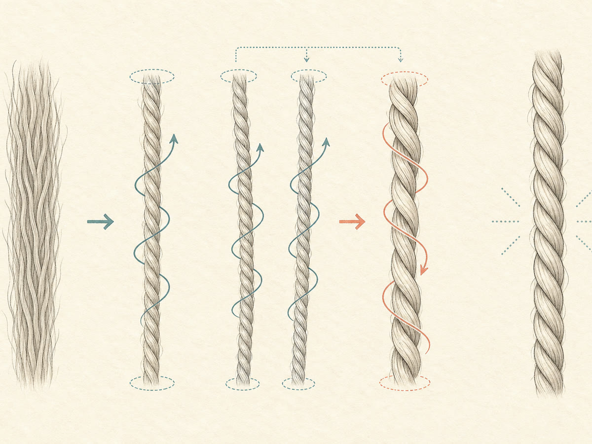 Instructional drawing showing fibres twisted into singles and two singles plied in the opposite direction