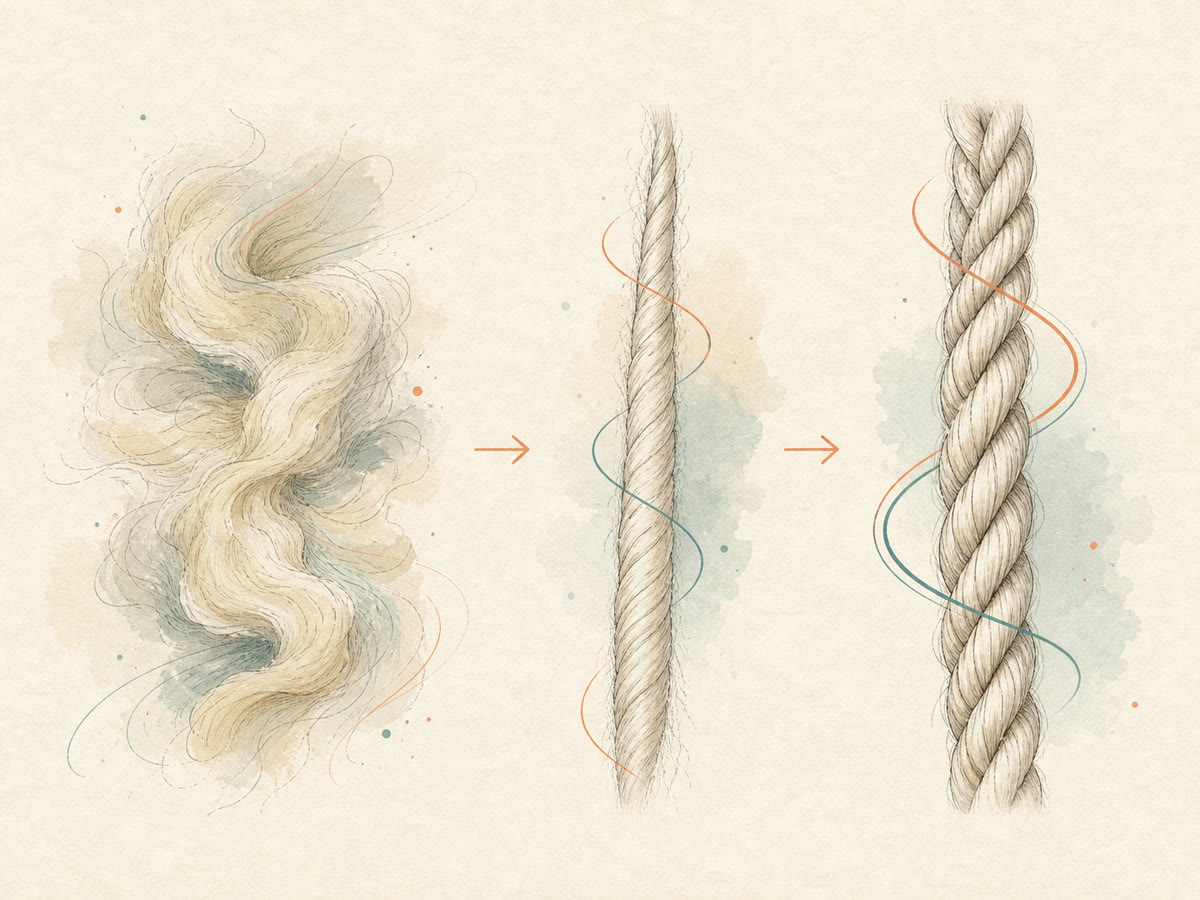 Fine-line drawing of loose wool fibre becoming a spun single and balanced two-ply yarn